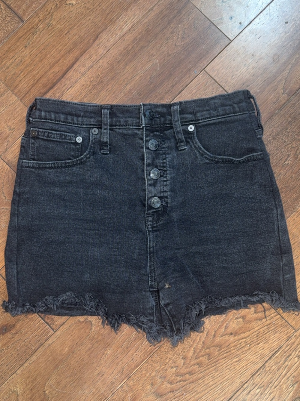 Madewell Black Denim Shorts – Size 28 | Button Fly | Raw Hem